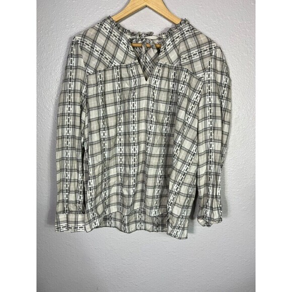 LOFT Tops - Ann Taylor Loft Plaid Blouse Top Large L Tie Neck Boho